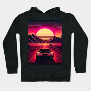 80s Car Driving Towards Synthwave Sunset Through A Desert Hoodie